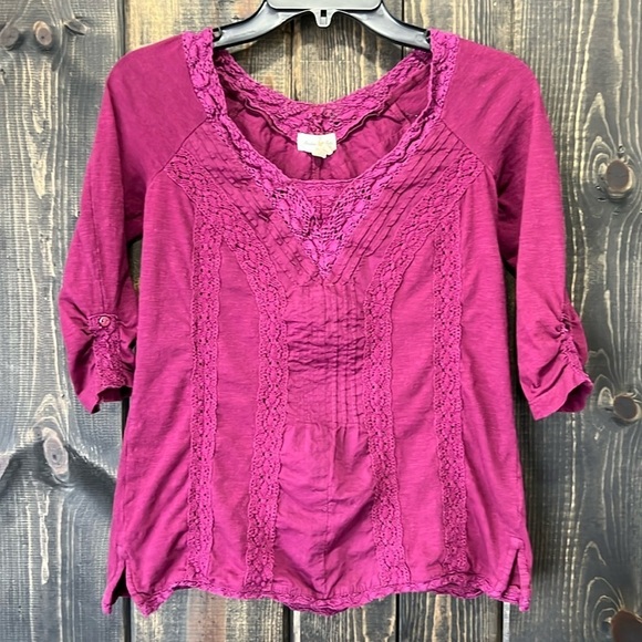 Anthropologie Meadow Rue Lace Boho Top XS Purple Ruffle Pleated Girly Office - Picture 1 of 8